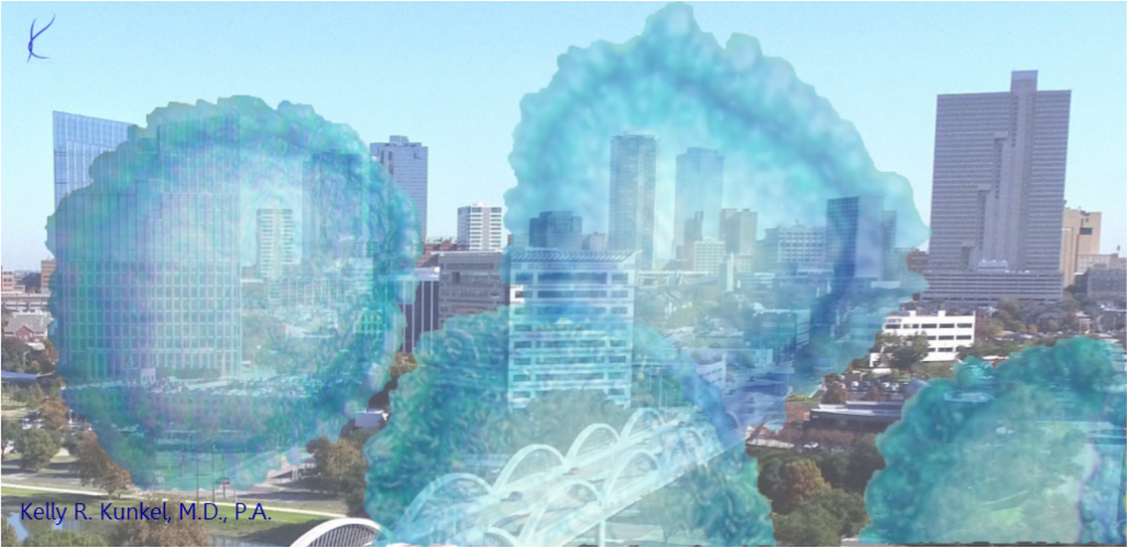 Image of COVID-19 coronavirus superimposed over Fort Worth, Texas skyline
