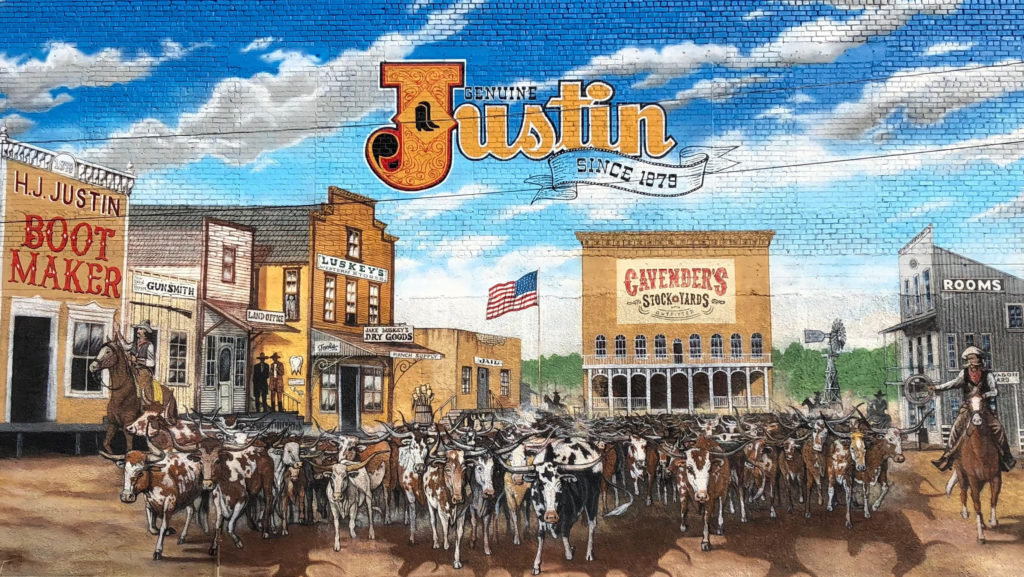 Justin mural in Fort Worth on N. Main St.