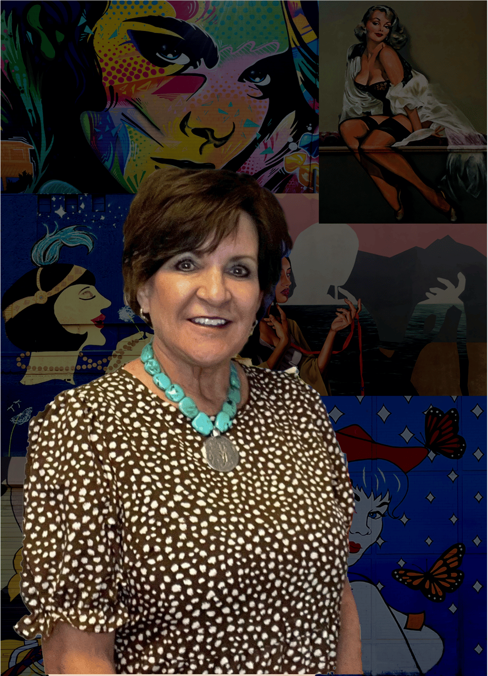 Donna by one of the mural collages in the Fort Worth plastic surgery office of Dr. Kelly Kunkel