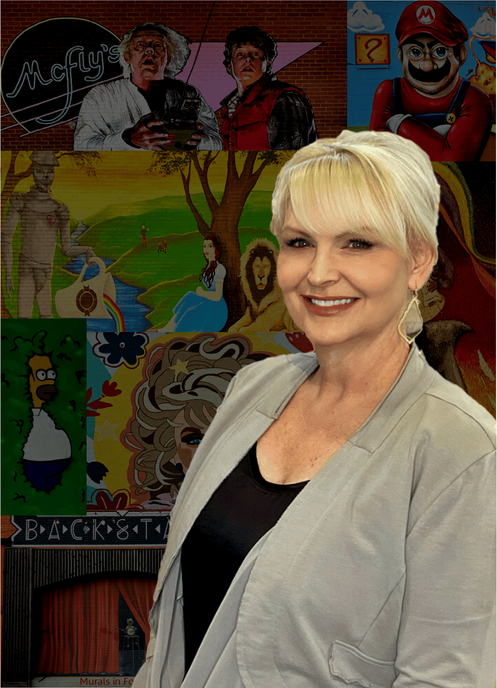 Julie by a mural collage in the office of Fort Worth plastic surgeon Dr. Kelly Kunkel
