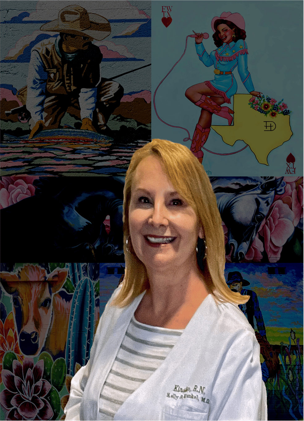 Kirsten by one of the mural collages in the office of Fort Worth plastic surgeon Dr. Kelly Kunkel