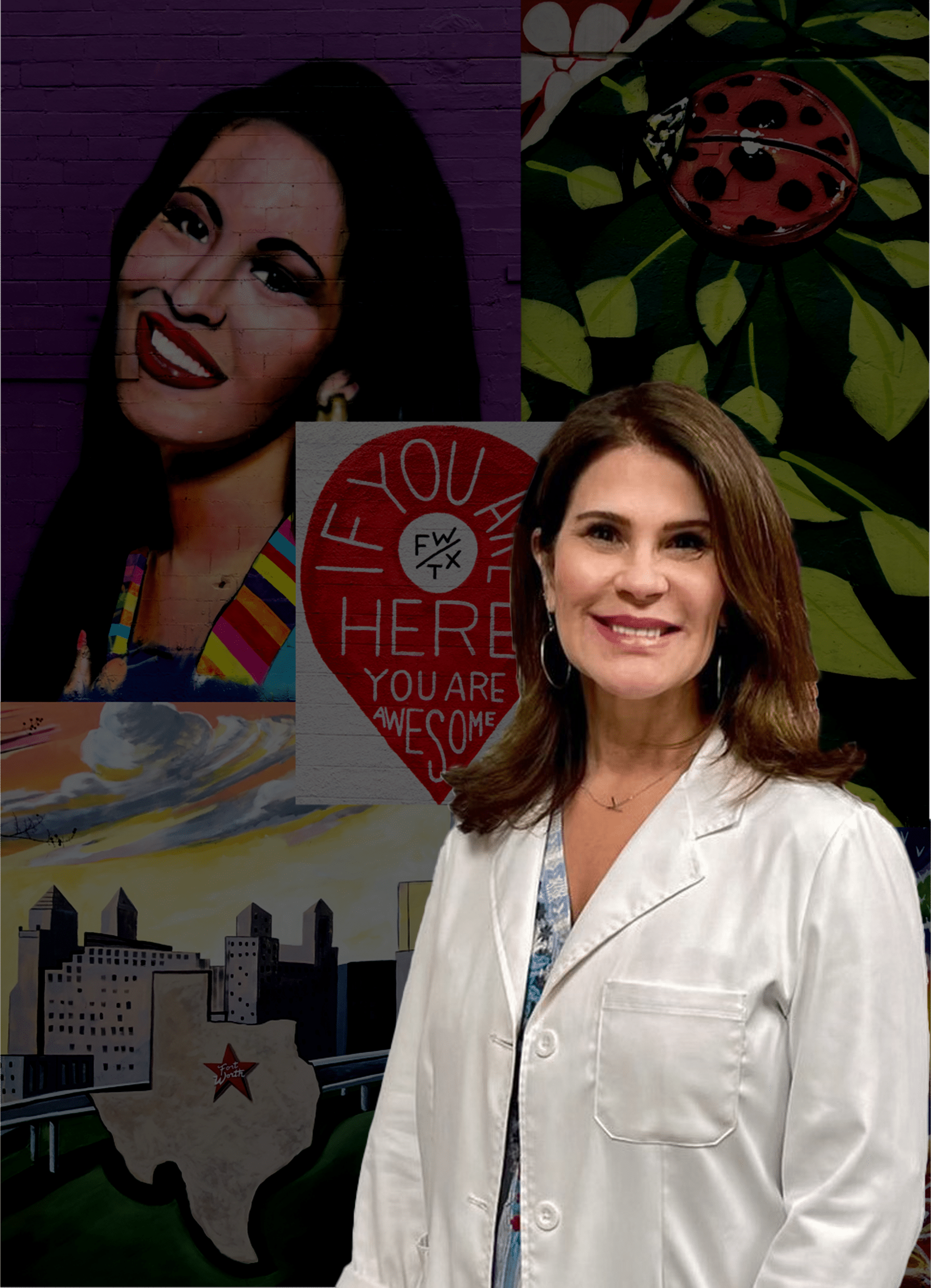Krista by a mural collage in the Fort Worth plastic surgery office of Dr. Kelly Kunkel.