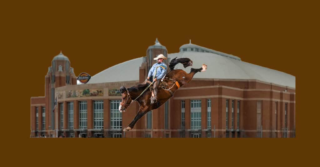 An image of Dickies Arena in Fort Worth Texas, with a cowboy on a bronco