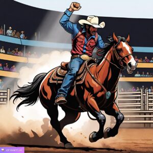 A cartoon-like image of a rodeo cowboy on a horse