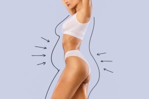 Profile view of slim woman raising arms while posing in white top and panties, concept of body care, smooth skin, and ideal body shape on blue background