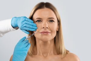 Woman gets Juvederm injection to restore volume to her aging face.